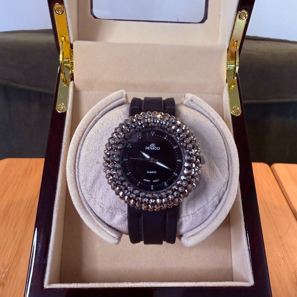 Denacci Oversized Black + Crystal Bling Watch, 45mm
